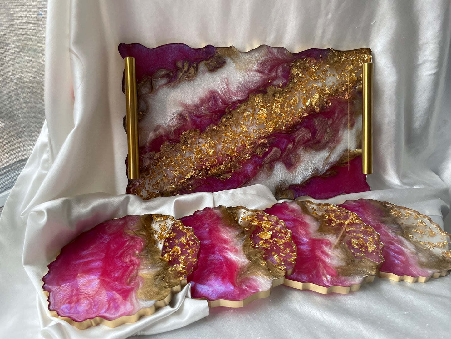 Fuchsia Pink and Gold Serving Tray Set with Coasters