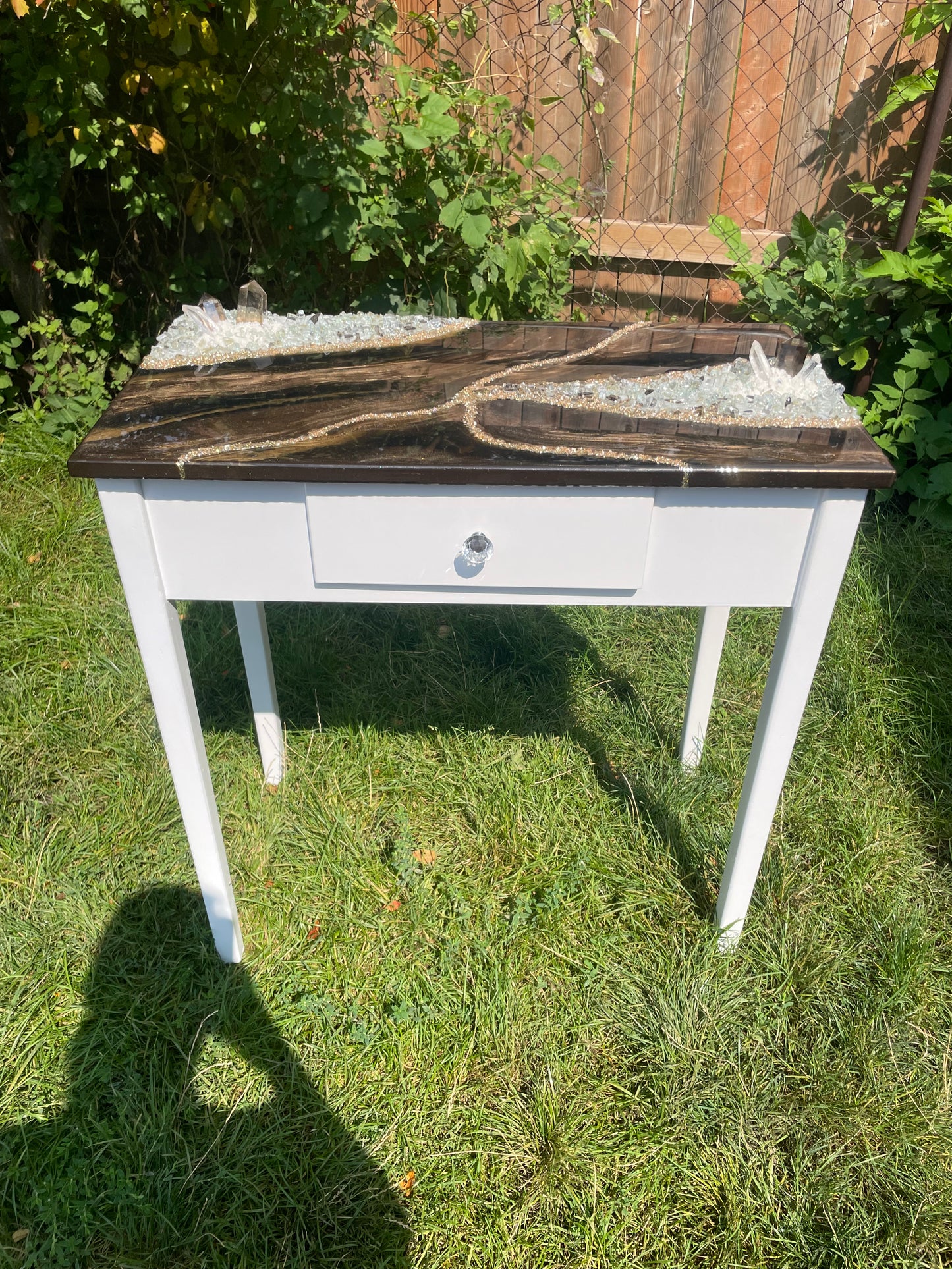 Table with smoky quartz and clear quartz